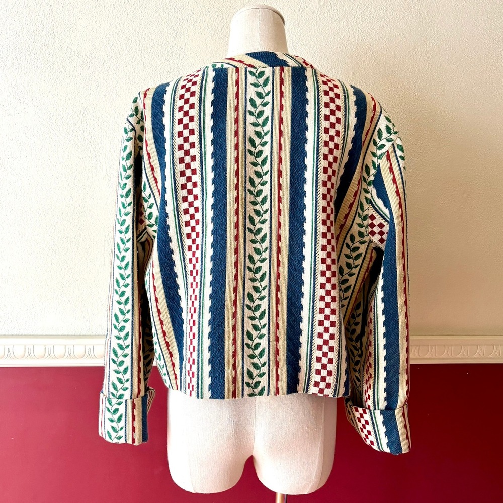 Doncaster Vintage Tapestry Jacket 10 Leaf Check Stripe Toggle USA Made 90s Artsy - Picture 3 of 12